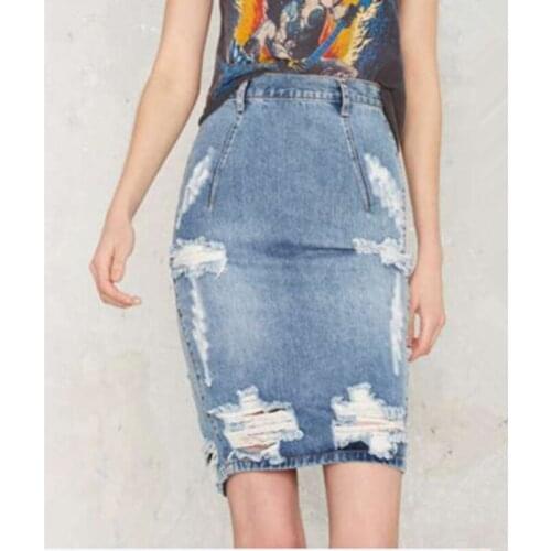 LOGAMI High Waist Knee Length Denim Pencil Skirts Womens Ripped Back Split Jean Skirt Spring Summer Midi Skirt
