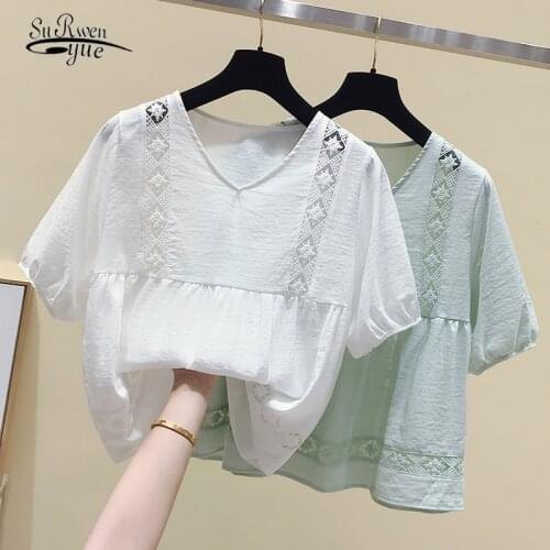 Korean Fashion Clohthing Solid V-neck Women Tops and Blouses Loose Short Sleeve White Shirts Elegant Office Lady Tops Blusa 9715