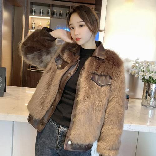 Female 2021 Fashion Faux Fox Fur Coats Women Winter Motorcycle Leather Turn Down Collar Warm Jacket Casual Loose Outwear G50