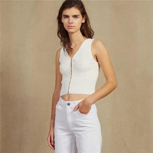 2019 New Sexy White Black Sleeveless V Neck Button Women Summer Fashion Tops Clubwear Casual Bandage Top Verano Solid Wholesale