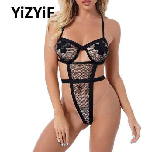Women black see through mesh lingerie teddy Exotic Catsuit Club Pole Dancing Costume