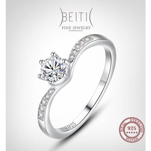 Beitil Fashion Genuine 925 Sterling Silver Classic Round Clear Zircon Finger Ring For Women Romantic Wedding Jewelry