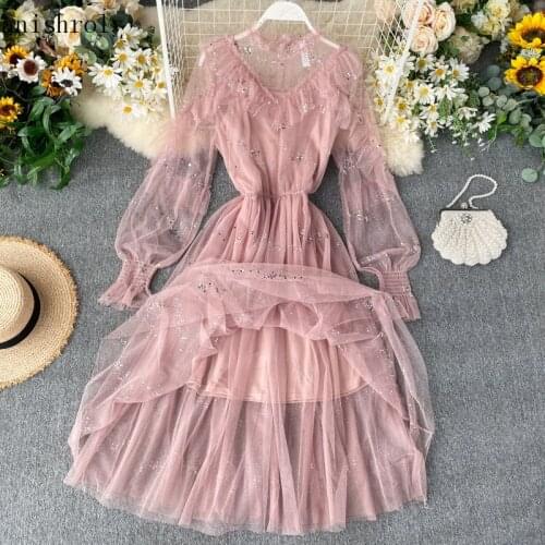 Sanishroly Sequins Mesh Dress Spring 2021 Chic Women Sweet High Waist Ruffle Lace Dresses Ladies Lantern Sleeve Long Vestidos