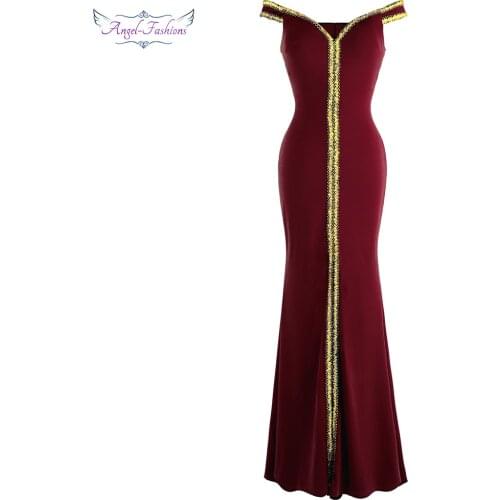 Angel-fashions Womens Evening Dresses Long Boat Neck Slit Black Party Gown Formal Dresses Birthday Gift Mother Git Dress 398