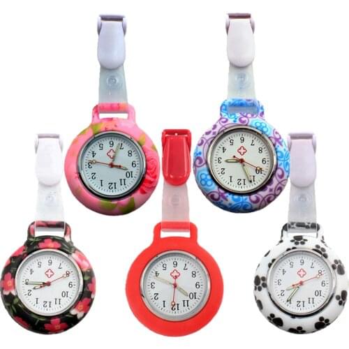 10pcs/lot Silicone Footprint Flower Colourful Printing Soft Clips Pocket Watches Fashion Nurse Doctor Hospital Hang Quartz Watch