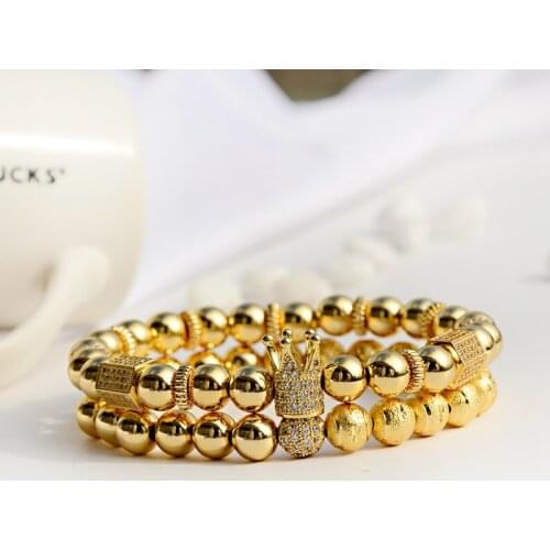 2020 Luxury Bracelet Homme Men 2pcs/set Gold CZ Copper Beads White Zircon Crown Couple Distance Bracelets Bileklik