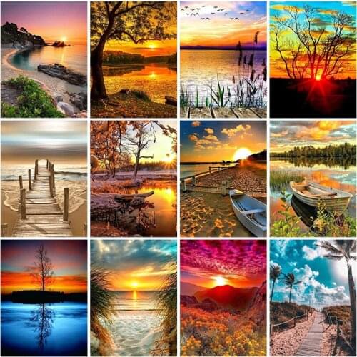 5D DIY Diamond Painting Full Round/Square Drill Sunset Landscape Diamond Art Embroidery Seaside Cross Stitch Manual Home Decor