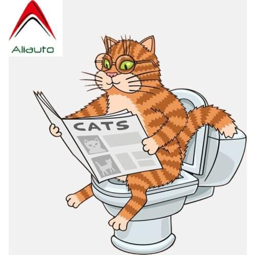Aliauto Funny Car Sticker Cat on The Toilet Reading Newspaper Vinyl Decal for Volkswagen Polo Golf Ford Focus,14cm*15cm