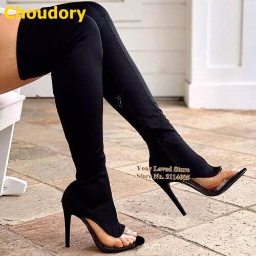 Choudory Black Stretch Lycra Fabric Over-the-knee Boots Clear PVC Patchwork Open Toe Thigh High Shoes Zipped Thin High Heels