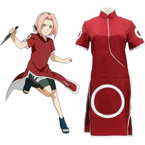 Japanese Anime Costume Haruno Sakura Cosplay Cheongsam For Girls Red Cheongsams Party Show Short Sleeves
