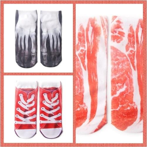 Carton Fashion Flip Flop Canvas Shoes Meat Bone 3D Printed Skeleton Cotton Socks Skull Foot Low Cut Ankle Funny Socks for Women