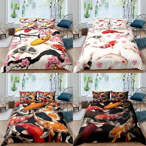 3D Koi Carps Printed 2/3Pcs Bedding Set Red Golden Lucky Fish Pattern Duvet Cover Pillowcase Home Textile Queen and King Size