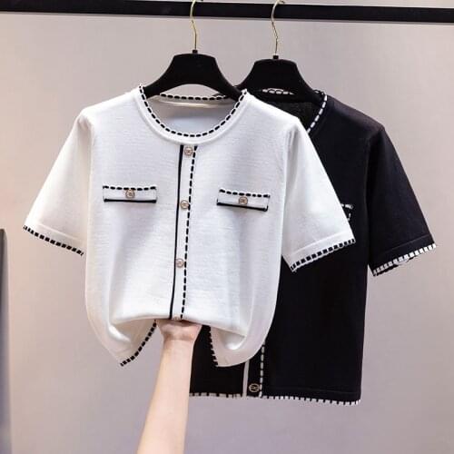 Summer Knitted Short sleeve T shirt Female pullover clothes casual Buttons Tee shirt 2021splice womens tops New T-shirt femme