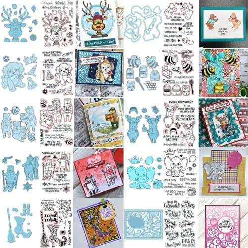 Cute Creature Elk Bear Dog Elephant Cutting Dies Match Clear Stamps Set Calligraphy Sentiments Words Letter 2020 New