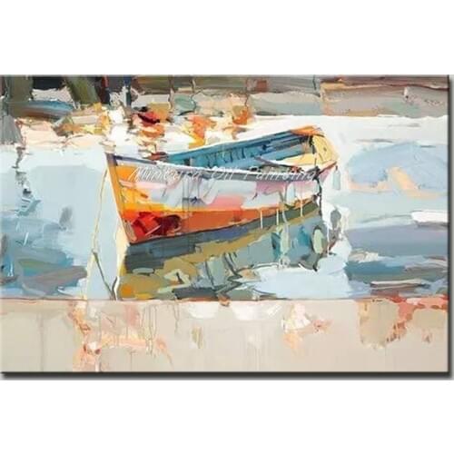 Mintura 100% Handmade Modern Abstract Oil Painting The Boat in The Lake Art Pictures Room Decor Morden Home Decoration No Framed