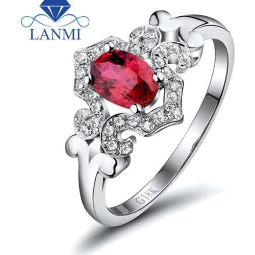 Fashion Beauty Jewelry Oval 5x7mm Ruby With Natural Dia In Solid 18Kt White Gold Engagement Ring WU256