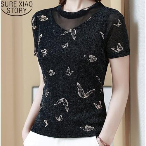 2021 New Women Summer Short Sleeve T-shirts Thin Shirt Spliced Mesh Tops Round Collar Fashion Elegant Camisetas 9159 50