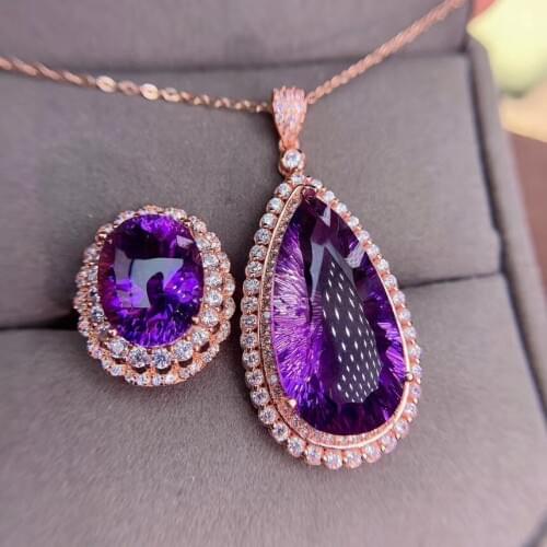 New Arrvial Brazil Natural And Real Amethyst jewelry set Natural Real Amethyst 925 sterling silver 1pc pendant,1pc ring