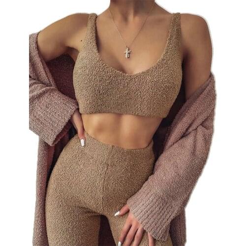 2020 Fall Winter Fur Two Piece Outfits Sexy Backless Crop Tops Women Outfits Matching Set Top and High Waist Pants Streetwear