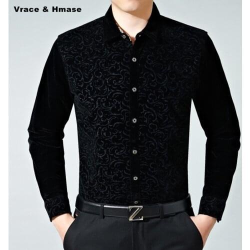 Factory direct sales high-quality gold velvet soft silky long sleeve shirt Autumn 2018 floral pattern bussiness casual men shirt
