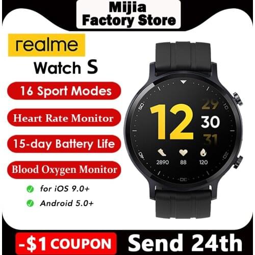 Realme Watch S Global Version Smartwatch Waterproof 15 Day Battery Blood Oxygen Monitor Watch Music Control For ios Android