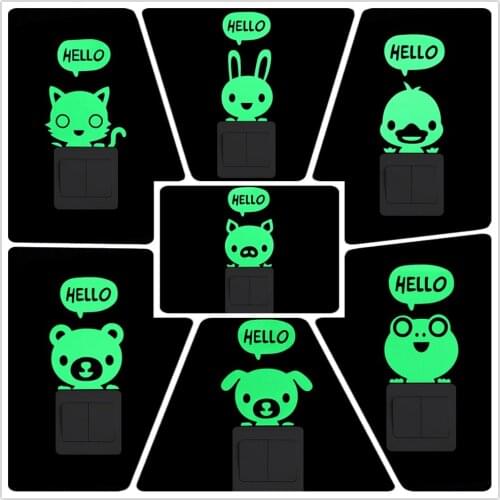 Glow in the Dark Cartoon Animal Switch Sticker for Kids Room Wall Decoration Cat/Rabbit/Duck/Pig/Bear/Dog/Frog, Green/Blue Light
