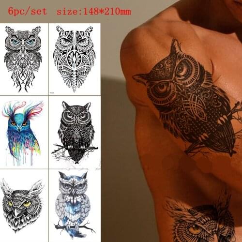 6pc/Lot Owl Temporary Tattoo Stickers Men Women Big Pattern Half Arm Animal Fake Tattoo Waterproof Combination Tattoo Stickers