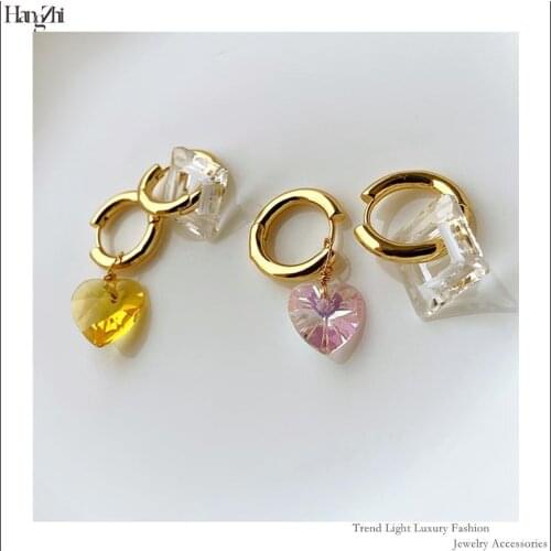 French Retro Asymmetric Peach Heart Niche Design Sense Transparent Glass Square Fashion Women Drop Earrings Jewelry Gift 2021