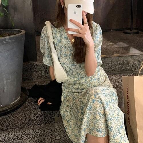 Floral Long Dress Women Summer 2021 French Sexy Chiffon Dresses Casual Loose Print Maxi Dress Office Lady Robe Femme Chic 15253
