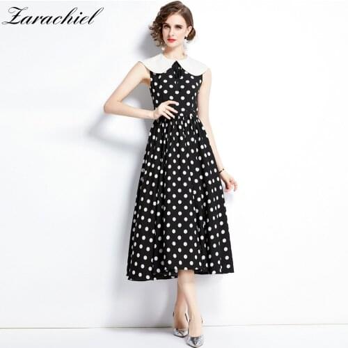Hepburn Retro Black Polka Dot Print Mid-Calf Length Dress Womens Sleeveless Peter Pan Collar Bow Princess Party Chiffon Vestido