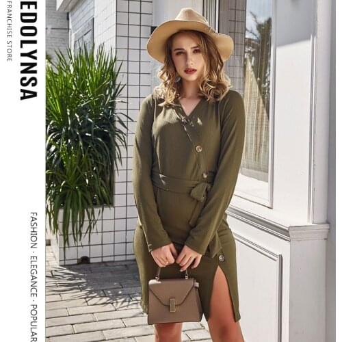 Sexy v-neck women knitted skirt Autumn Winter Straight Women Knitted Dress Elegant party female sweater Olive green Dress Y31