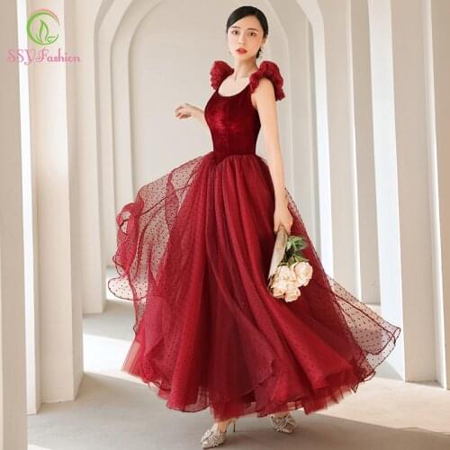 SSYFashion New Vintage Wine Red Tea-length Evening Dress for Women Simple Elegant A-line Puff Sleeve Party Formal Gown Vestidos