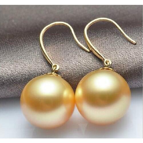 10x10 jewerly Free Shipping> elegant AAA++16mm natural south sea gold shell pearl dangle earring14k