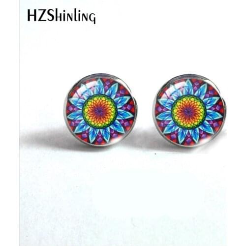 2019 Classice Theme Mandala Flower Fashion Glass Stud Earrings India Flower Glass Cabochon Hot Bronze Earring