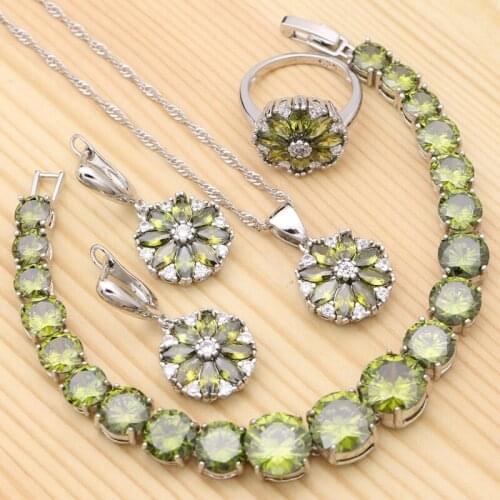 925 Silver Jewelry Sets For Women Olive Green Cubic Zirconia Flower Ring Pendant Bracelet Necklace Earrings