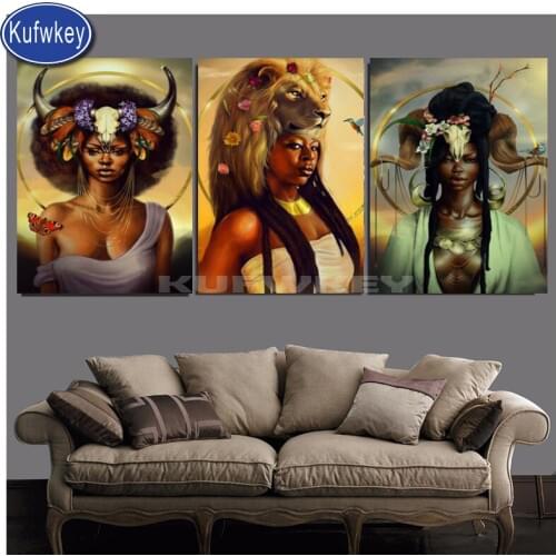 Africa woman Diamond Embroidery Cross-Stitch Triptych"animals head" diamond painting full square round mosaic diamond home decor