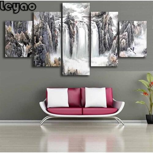 Diamond Paintings 5 Pieces Ink painting Nature Landscape Poster waterfall Pictures Living Room Wall Art