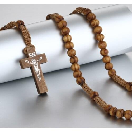 Antique Wooden Jesus Cross Pendant Necklace Religious INRI Jewelry for Women Men Retro Wove Rope Rosary Beads Necklace Gift CN18