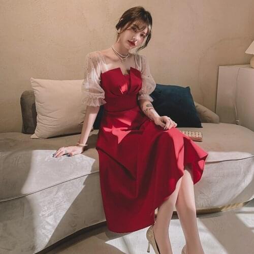 Burgundy Sexy Square Neck Short Sleeve Evening Dresses Bride Toast Clothing Backless A-line Party Gowns Robe De Soiree