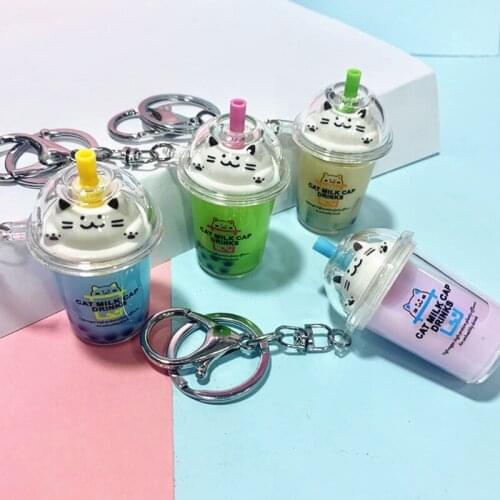 N0HF Key Ring Cute Mini Cartoon Cat Milk Tea Bottle Keychain Car Coffee Key Chain Pendant Bag Key Ring For Kids Women Gifts