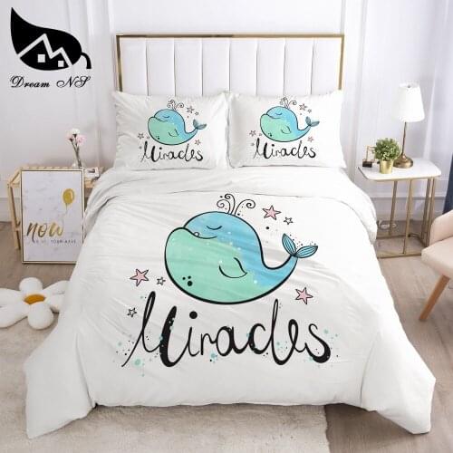 Dream NS Girls Cartoon Series White Blue Whale Bedding Home Textiles Set King Queen Bedclothes Duvet Cover Bedding Set