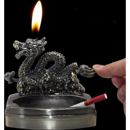 Two-in-one Dragon-shaped Ashtray Lighter Set Can Be Loaded with Butane Flame Torch Creative Lighter with Ashtray Decoration Free