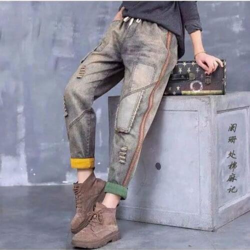 Stitching Jeans Female Original 2021Spring Fall New Patch Retro Cowboy Pants Women Elastic Waist Harlan Denim Pants Lady L682