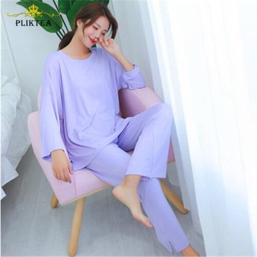 2 Piece Set Autumn Long Sleeve Casual Atoff Home Home Clothes for Women Loose Sleepwear Modal Pajamas Spring Ladies Homewear