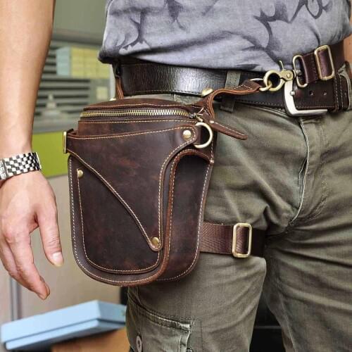 Unisex Fashion Quality Leather 7" Motorcycle Riding Drop Leg Bag Design Travel Fanny Belt Waist Pack Case