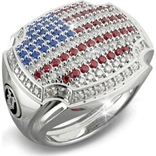 Luxury Women and Men America National Flag Blue and Red Zircon Wedding Band Rings for Bridal Ring Set Size 6-12
