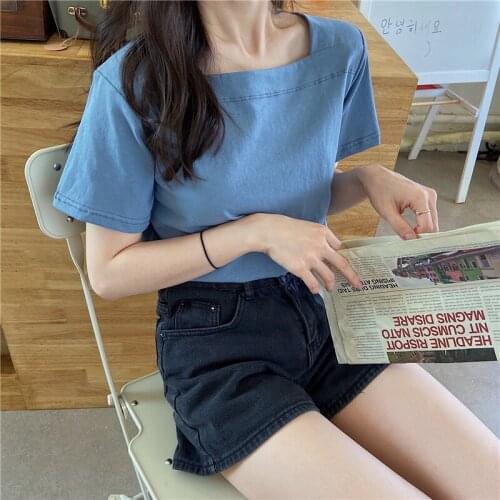 Shears Label Big Export Short Sleeve T - Shirt Women Summer All-match Square Collar Half Sleeve Blouse T Shirt for Women