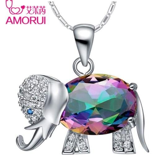 AMORUI Silver Color Necklaces Pendants for Women Colorful AAA Cubic Zircon Elephant Pendant Necklace Women Fashion Jewelry Gift