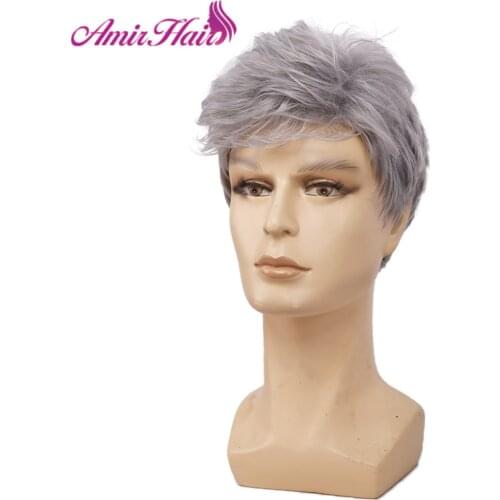 Amir Hair Men Short Wig Ombre White Gray Wig for Men Synthetic Straight Hair Grey Pixie Cut Wigs Cosplay Party wig