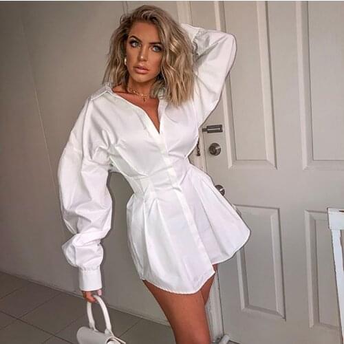 Lantern Sleeve Shirt Dress Women Summer Autumn Long Sleeve Buttom V-neck Mini Dress High Waist Sexy Dresses OL Ladies